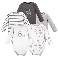 Hudson Baby Boys Cotton Long-Sleeve Bodysuits 5pk, Gray Penguin