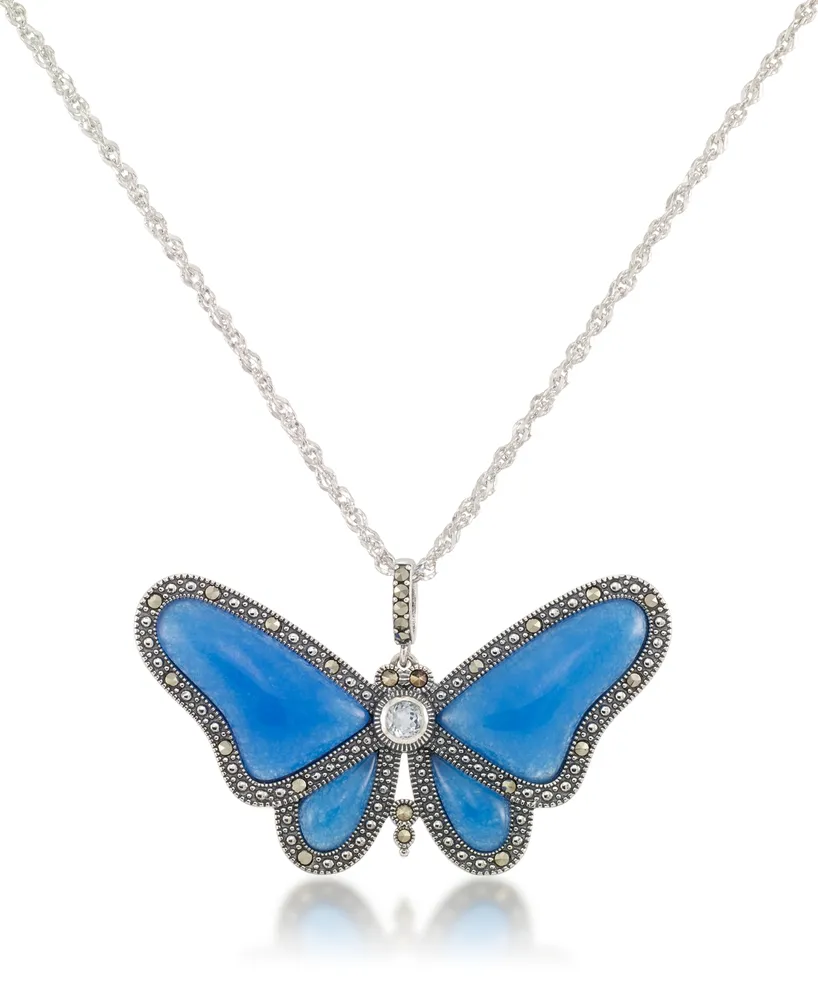 Marcasite and Blue Agate & Blue Topaz (1/3 ct. t.w.) Butterfly Pendant+18" Chain in Sterling Silver