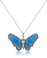 Marcasite and Blue Agate & Blue Topaz (1/3 ct. t.w.) Butterfly Pendant+18" Chain in Sterling Silver