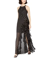 Betsy & Adam Petite Chiffon Foil Ruffle Gown