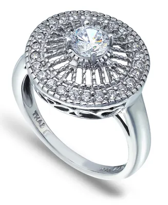 Cubic Zirconia Medallion Ring with Round Prong Center Stone Silver Plate