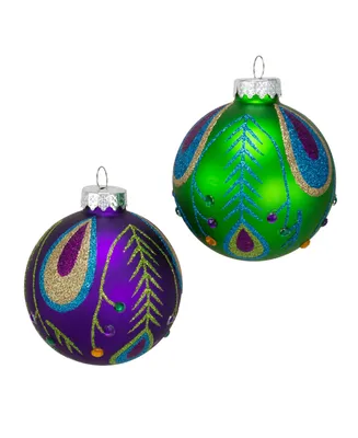 Kurt Adler 80MM Peacock Purple and Green Glass Ball Ornaments, 6-Piece Box; 2 Assorted Ornaments