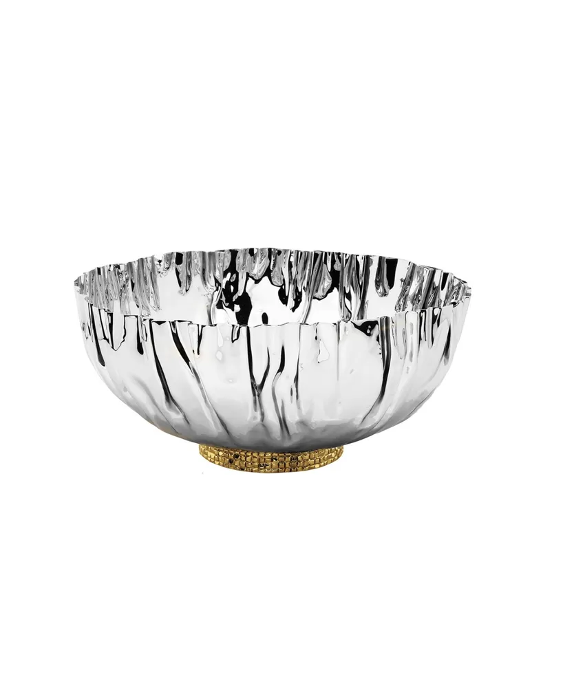 Classic Touch Stainless Steel Crumpled Bowl with Gold-Tone Mosaic Base