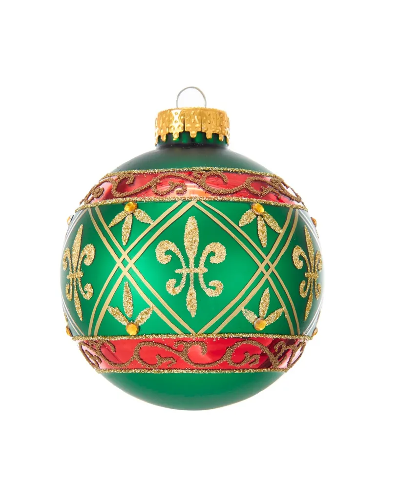 Kurt Adler 80MM Green Glass Ball Ornament With Red And Gold Fleur-De-Lis Design, 6-Piece Box