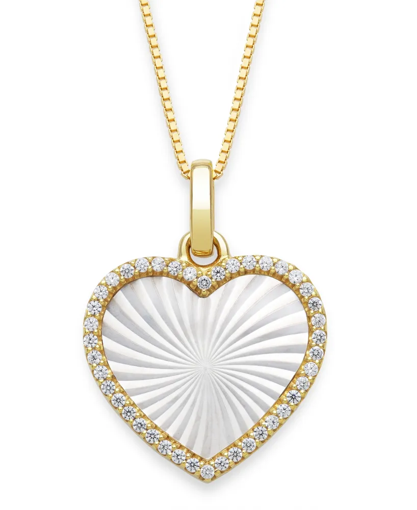 Mother of Pearl 14x13mm and Cubic Zirconia Heart Shaped Pearl Pendant with 18" Chain in Gold over Silver