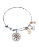 Unwritten "Live Laugh Love" Flower Bangle Bracelet in Stainless Steel & Rose Gold-Tone with Silver Plated Charms