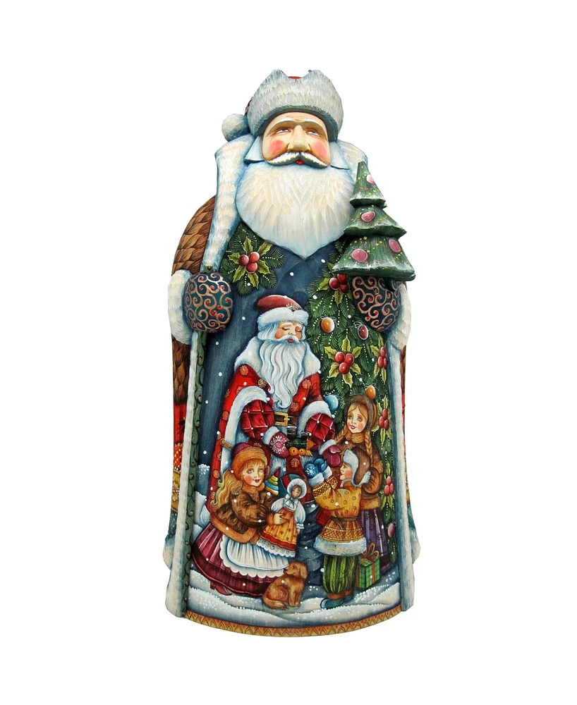 G.DeBrekht Woodcarved and Hand Painted Gift Giving Children with Tree Santa Claus Figurine