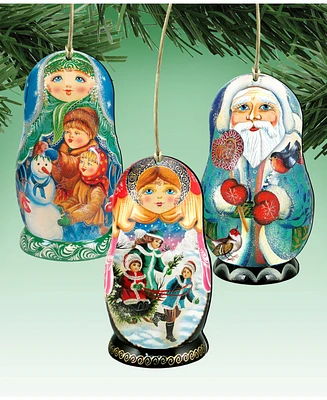 Designocracy Winter Play Dolls Wooden Ornaments, Set of 3