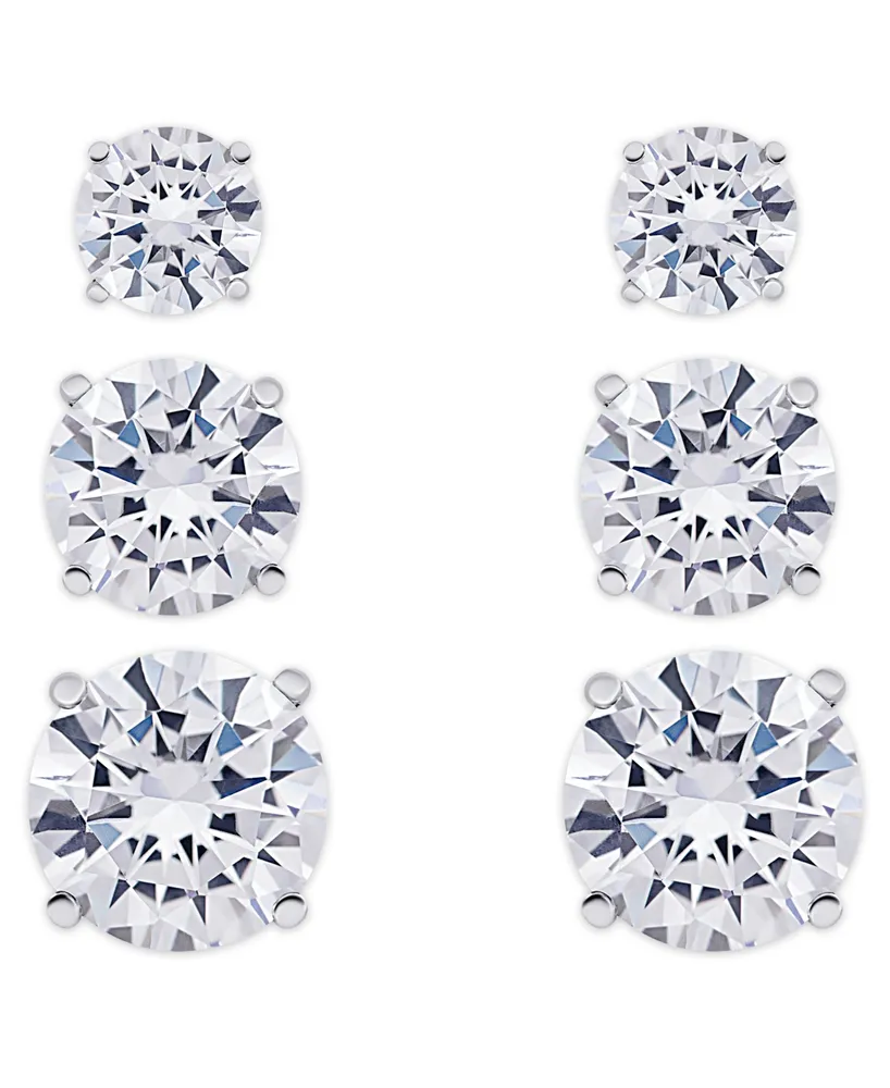 Cubic Zirconia 3-Pc. Set Graduated Round Stud Earrings in Silver Plate