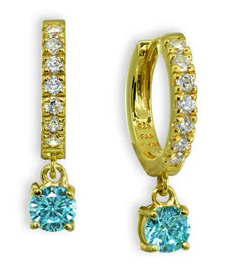 Clear & Blue Cubic Zirconia Dangle Drop Huggie Hoop Earring in 18k Gold Plated Sterling Silver