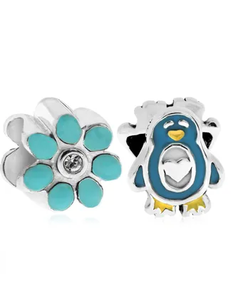 Rhona Sutton 4 Kids Children's Enamel Penguin Flower Bead Charms - Set of 2 in Sterling Silver