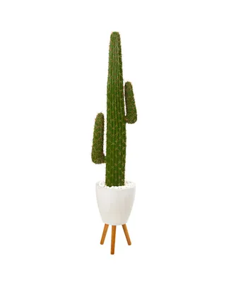 Nearly Natural 5.5ft. Cactus Artificial Plant in White Planter with Stand