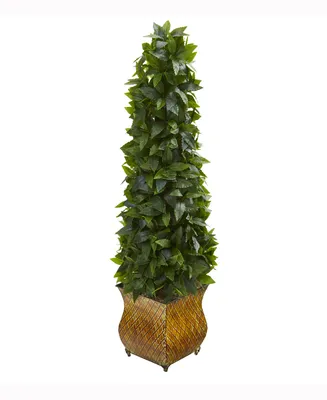 Nearly Natural 38in. Sweet Bay Cone Topiary Artificial Tree in Decorative Metal Planter