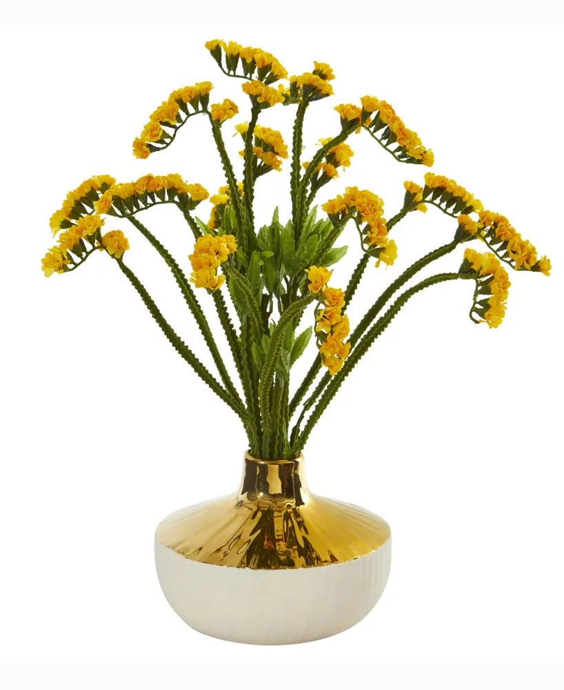 Nearly Natural 17in. Baby Breath Artificial Arrangement in Gold and Cream Elegant Vase