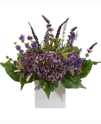 Nearly Natural 15in. Hydrangea and Lavender Artificial Arrangement in White Vase