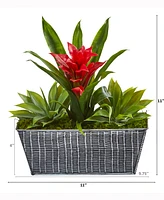 Nearly Natural 11in. Bromeliad and Agave Artificial Plant Embossed Tin Planter