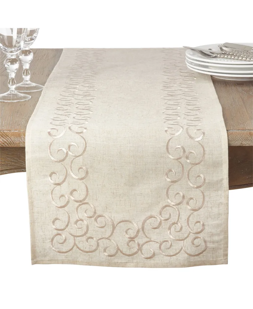 Saro Lifestyle Embroidered Swirl Design Linen Blend Runner