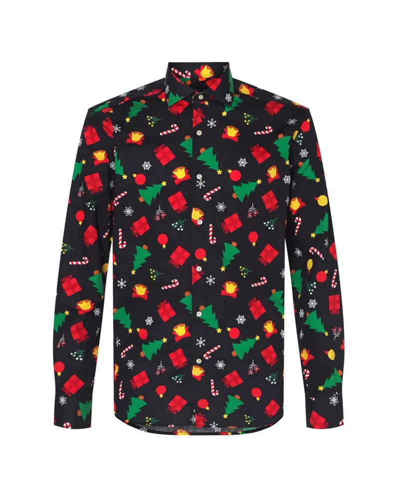 OppoSuits Men's Christmas Shirt - Festive Holiday Icons Button Up Dress Shirt - Slim Fit - Black - Long sleeve