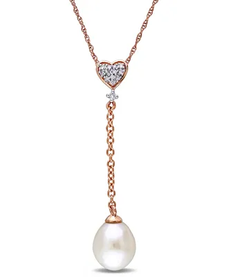 Freshwater Cultured Pearl (8-8.5mm) and Diamond Accent Heart Lariat 17" Necklace in 10k Rose Gold