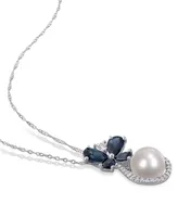 Freshwater Cultured Pearl (7.5-8mm), Sapphire (1 3/5 ct. t.w.) and Diamond (1/8 ct. t.w.) Butterfly 17" Necklace in 10k White Gold