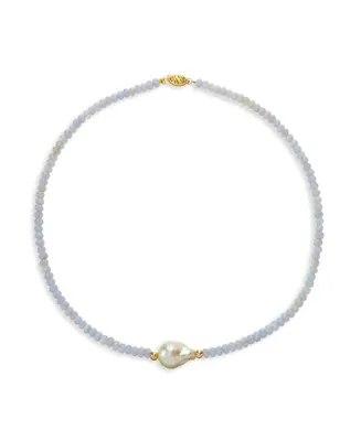 Cultured Baroque Freshwater Cultured Pearl (12-13mm) and Blue Lace Agate (4-5mm) Necklace in 14k Yellow Gold