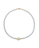 Cultured Baroque Freshwater Cultured Pearl (12-13mm) and Blue Lace Agate (4-5mm) Necklace in 14k Yellow Gold