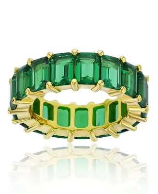 Green Emerald Cut Cubic Zirconia Eternity Band 14k Yellow Gold Plated Sterling Silver