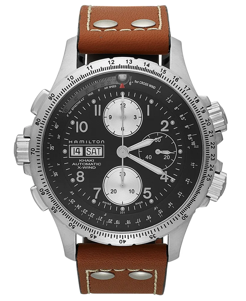 Hamilton Watch, Men's Swiss Automatic Chronograph Khaki X-Wind Brown Leather Strap 44mm H77616533