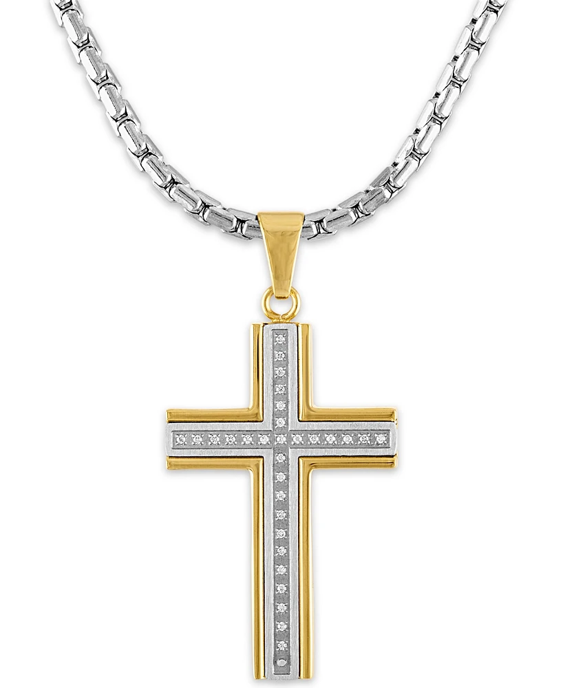 Men's 1/6 Carat Diamond Cross Pendant 22" Chain in Stainless Steel and Gold Tone Ion Plating