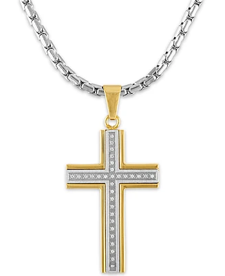 Men's 1/6 Carat Diamond Cross Pendant 22" Chain in Stainless Steel and Gold Tone Ion Plating