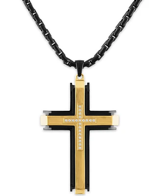 Men's Diamond (1/10 ct. t.w.) Cross Pendant 22" Chain in Stainless Steel with Black and Gold Tone Ion Plating