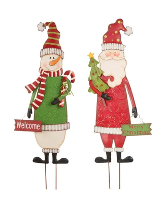 Glitzhome Snowman Santa Yard Stake or Standing Decor or Wall Decor, Three Function Set of 2