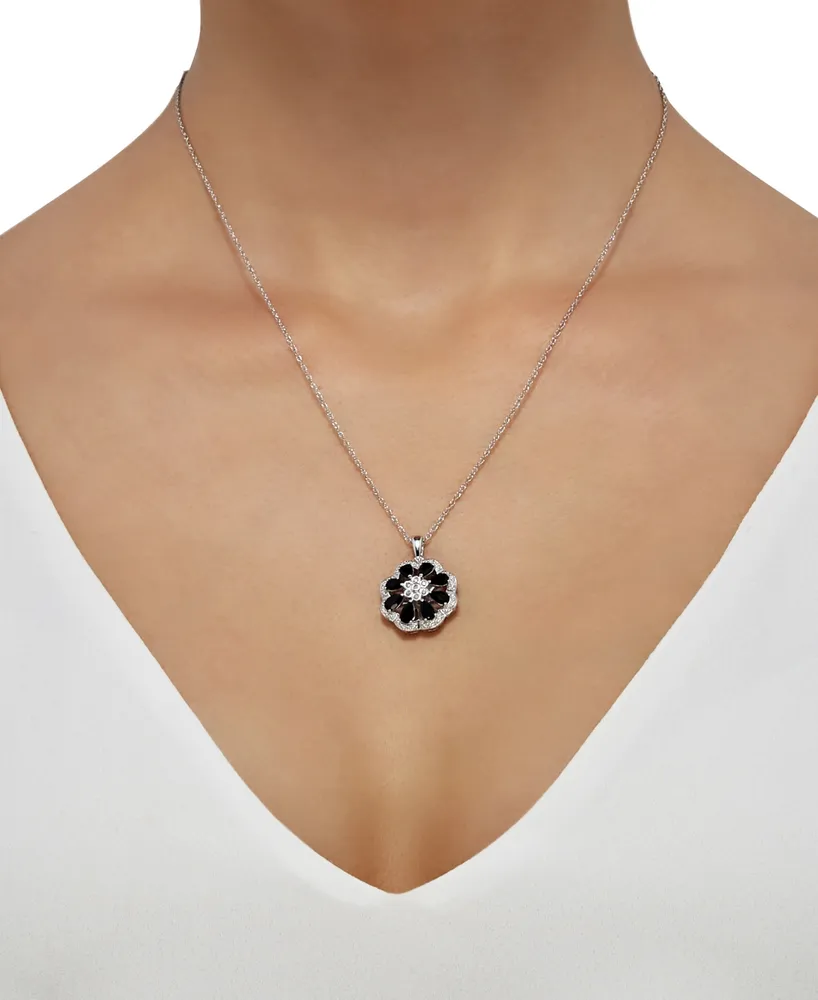 Onyx & Diamond (1/20 ct. t.w.) Floral Disc 18" Pendant Necklace in Sterling Silver