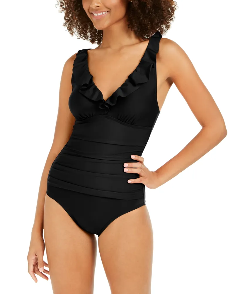 Dkny Ruffle Plunge Underwire Tummy Control One-Piece Swimsuit, Created for  Macy's