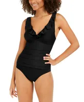 DKNY Ruffled Tummy-control Tankini Top in Black