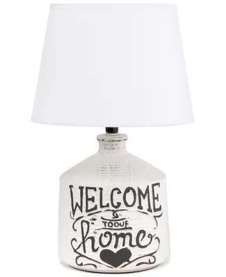Simple Designs Welcome Home Rustic Ceramic Farmhouse Foyer Entryway Accent Table Lamp with Fabric Shade - Off