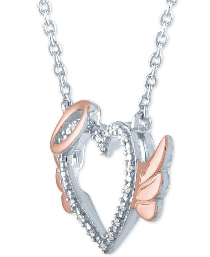 Diamond Accent Angel Heart Pendant Necklace in Sterling Silver & 14k Rose Gold-Plate, 16" + 2" extender