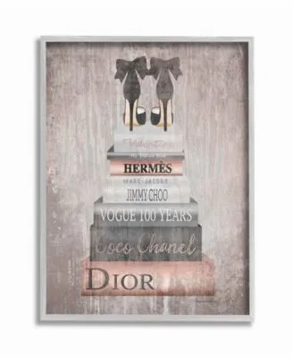 Stupell Industries Book Stack Heels Metallic Pink Gray Framed Texturized Art Collection