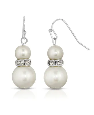 2028 Silver-Tone White Graduated Imitation Pearl and Crystal Drop Earrings