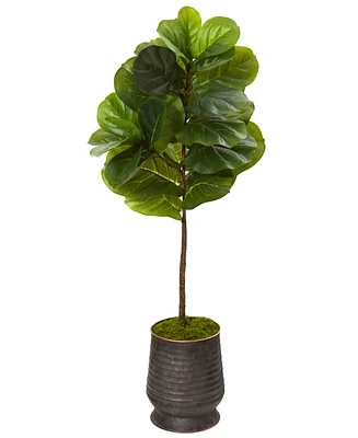 Nearly Natural 52in. Fiddle Leaf Artificial Tree in Ribbed Metal Planter Real Touch