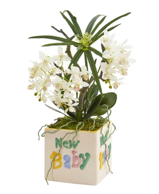 Nearly Natural 16in. Orchid Phalaenopsis and Cyperus Artificial Arrangement in "New Baby" Vase