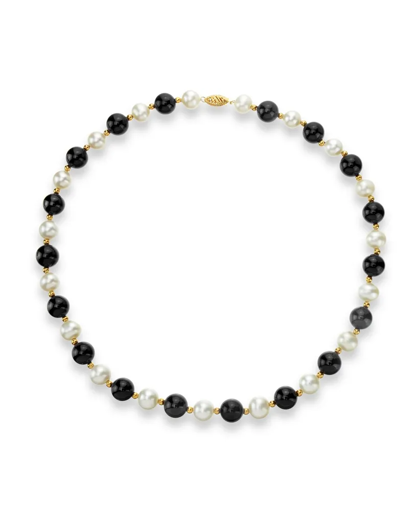 White Freshwater Cultured Pearl (9-9.5mm) with Black Onyx (10mm) and Gold Beads (3mm) 18" Necklace in 14k Yellow Gold