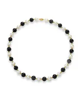 White Freshwater Cultured Pearl (9-9.5mm) with Black Onyx (10mm) and Gold Beads (3mm) 18" Necklace in 14k Yellow Gold