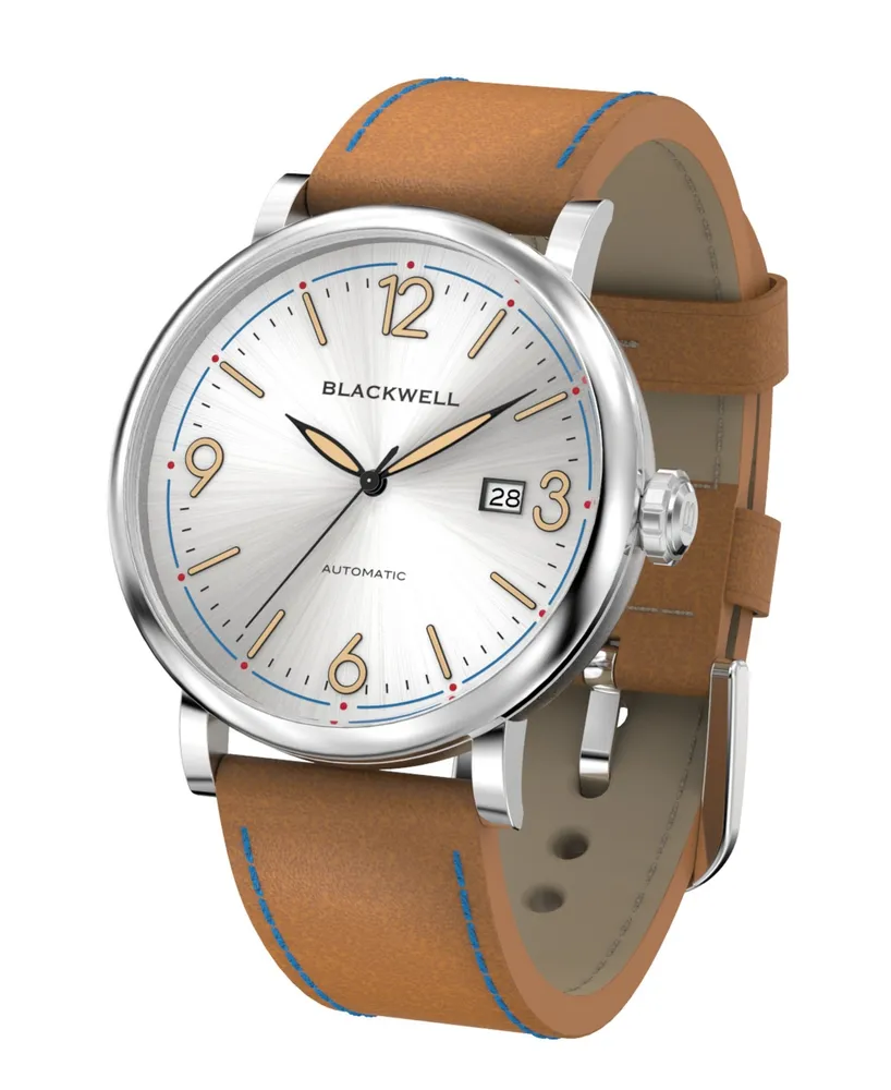 Blackwell White Silver Tone Dial with Silver Tone Steel and Bright Brown Leather Watch 44 mm