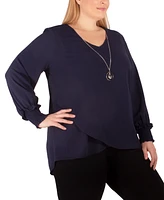 Plus Size Long Sleeve Overlapping Crepe Top with Necklace