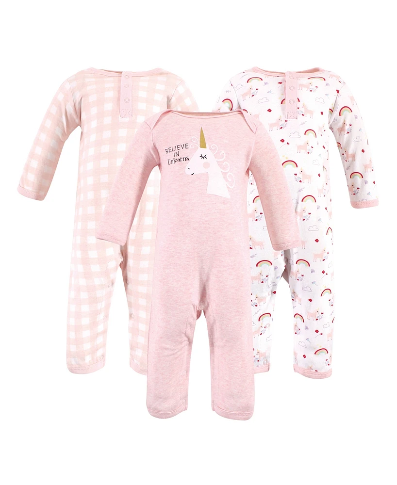 Luvable Friends Baby Girls Cotton Coveralls 3pk, Unicorn