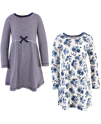 Touched by Nature Little Girls Organic Cotton Long-Sleeve Dresses 2pk, Navy Floral