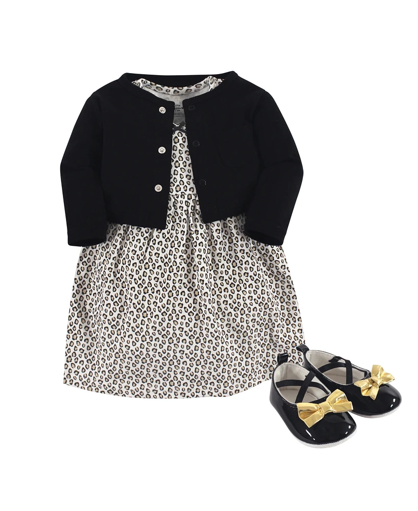 Little Treasure Baby Girls Cotton Dress, Cardigan and Shoe 3pc Set, Leopard, 6-9 Months