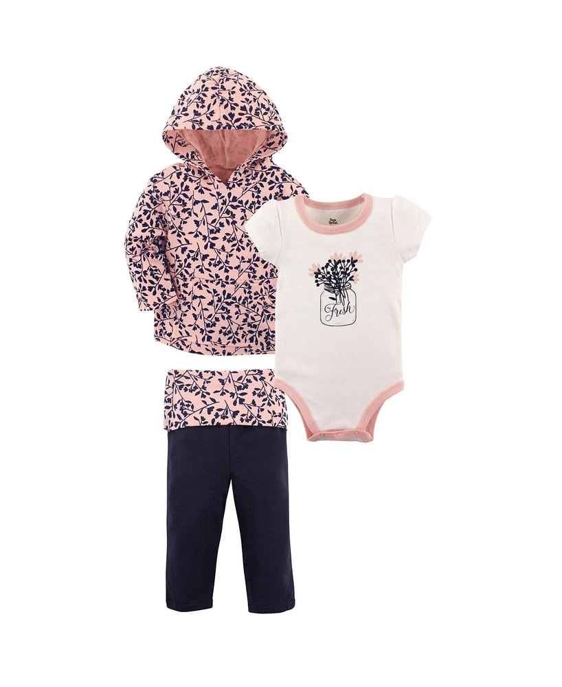 Yoga Sprout Baby Girls Cotton Hoodie, Bodysuit or Tee Top, and Pant, Fresh Baby, 9-12 Months