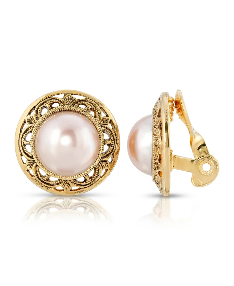 2028 Gold Tone Imitation Pearl Round Button Clip Earrings